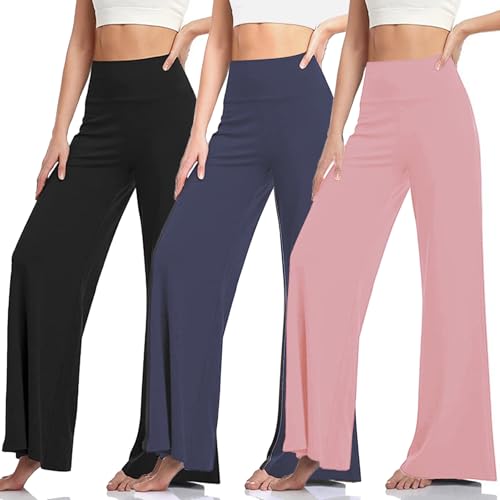 La Mejor Recopilación de Pantalones de Moda para Dama los mejores 5. 44 VCBCXCZZ Paquete de 3 Pantalones de Mujer Holgados, Yoga Pants Mujer, Pantalon Pierna Ancha Mujer, Cintura Alta (MX/US, Alfa, Mediano, Regular, Regular, Negro+Azul+Rosa)