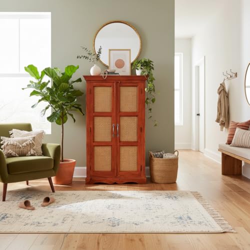 Image of APRODZ Mojo Sheesham Wood Two Door Cane Wardrobe (Sheesham Wood - Honey)