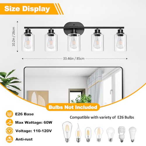 Image of Unicozin 5 Light Bathroom Light Fixtures,33.5 Inch Vanity Lights for Bathroom, Lacquered Black Wall Lamp with Clear Glass for Mirror, Living Room, Hallway, Cabinet, E26 Base