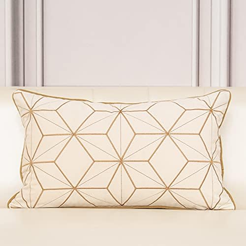 Aeckself 12 x 20 Inch White Gold Plaid Geometric Lines Embroidery Velvet Cushion Case Luxury Modern Lumbar Throw Pillow Cover Decorative Pillow for Couch Living Room Bedroom Car 30 x 50cm