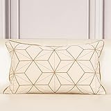Aeckself 12 x 20 Inch White Gold Plaid Geometric Lines Embroidery Velvet Cushion Case Luxury Modern