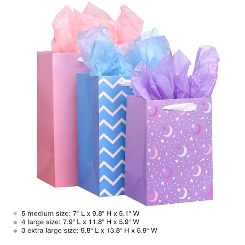 OUTUXED 12pcs Paper Gift Bags with Tissue Assorted Sizes Birthday Gift Bags with Different Designs Bulk (5 Medium 9.8\", 4 Large 11.8\", 3 Extra Large 13.8\") for Birthday, Baby Showers, Party, Wedding