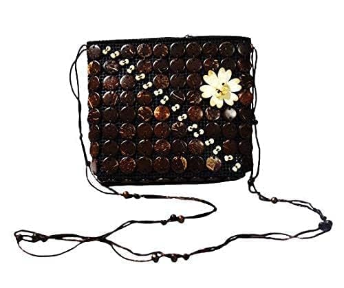 Image of Coconut Shell Beaded Sling bag for Women | CoCo Coffee Cross body Long Strap Purse | Handmade Natural Style| Hanging Purse (Brown) 15 cm
