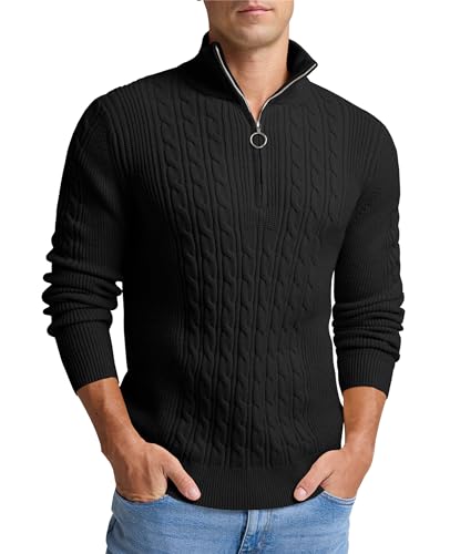 Hisir Jersey de punto trenzado con media cremallera para hombre, casual, cuello polo, cremallera, cálido, manga larga, suéter para hombre, 01 Negro, M