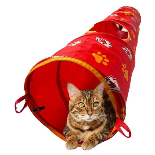 NFL Kansas City Chiefs Cat Tunnel Tube Toy with Plush Football Catnip and Feathers Collapsible Tunnel for Cats to Play, Peek and Hide, Sporty & Fun Cat Tunnel Toy with Team Logo All-Over Design!