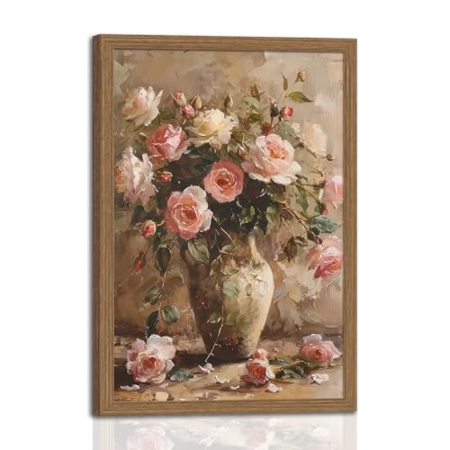 Framed Vintage Pink roses Vase Flower Canvas Wall Art French Country Floral in Canvas Prints Oil Painting Rustic Decor for Bedroom Living Room Dining room gallery Can be hung directly 12x16in