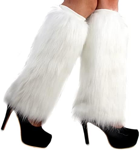 WILOVCOS Faux Fur Fuzzy Leg Warmers Furry Boot Covers for Women Girl Party Accessory Set (White, length:15.7 in)