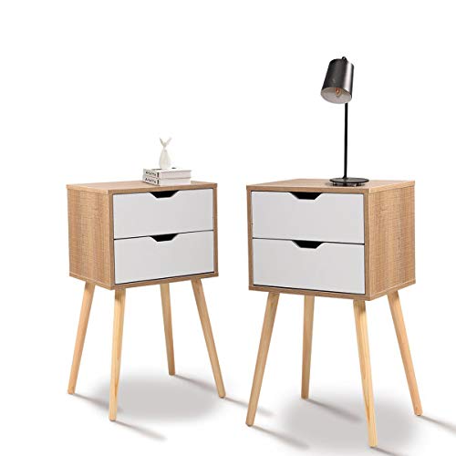 JAXPETY Set of 2 Nightstand 2 Drawers End Table Storage Wood Cabinet Bedroom Accent Side Table (White&Walnut)