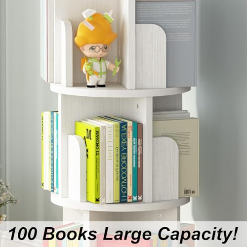 Rotating Bookshelf, 4-Tier Bookcase Storage Rack for Kids & Adults, Corner Spinning Book Shelf for Small Space, Wood Revolving Bookcase Organizer for Bedroom, Living Room, White
