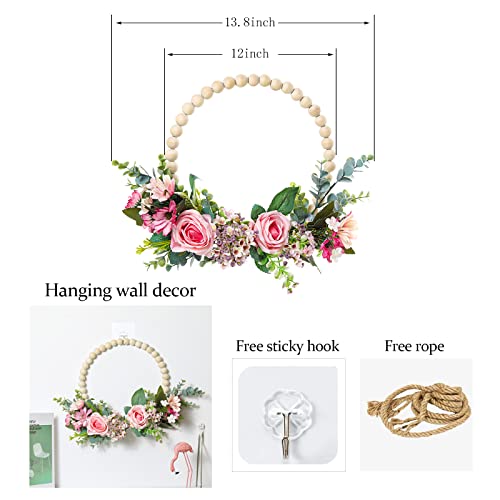 Swthony Bundle Of 1Pc Wood Beads Succulent Wreath Artificial And 1Pc Wood Beads Fake Pink Rose Floral Wretah - Artifiial Hanging Wall Plants For Indoor/Outdoor #TOP7