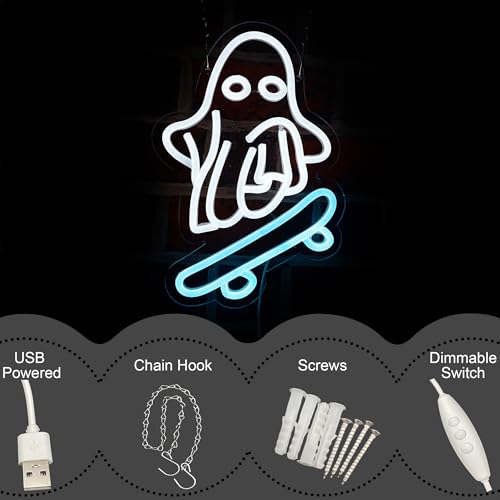 Image of Halloween Neon Sign ghost skateboard Neon lights Halloween wall decorations suitable for holiday parties room party decorations LED holiday gifts for friends