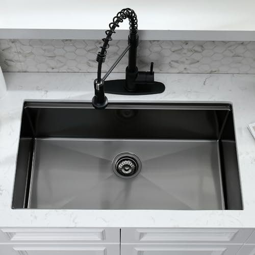 Évier de cuisine encastrable noir 76 cm avec robinet et planche