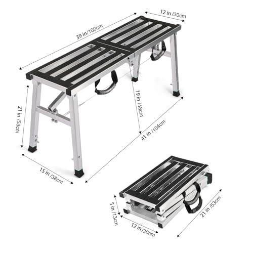 Image of Folding Work Platform 400 Lbs, Height Adjustment 19-27 inch(H), Portable Steel Step Ladder Stool, Perfect for RV Cleaning, Home Painting and Reaching High Places
