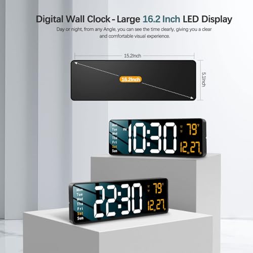 Image of EASEPRES 16 inch Digital Wall Clock with Remote Control - LED Display, Auto-Dimming, Countdown Timer, Temperature & Calendar - 12 /24 Hour Format, ABS Rectangle Design (White + Orange)