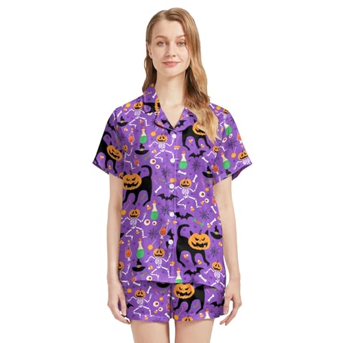 Image of Funny Pajamas for Women Set Print Satin Loungewear Pjs Short Sleeve Button Down Top and Shorts Sets Sleepwear XS-3XL