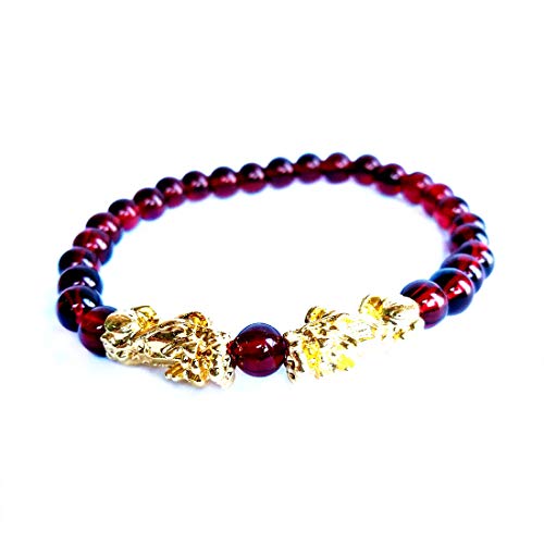 MANRUO Feng Shui The Best Prosperity Red Bead Garnet Bracelet with Double Golden Pi Xiu Pi Yao Lucky Wealthy Amulet Brecelet Jewelry