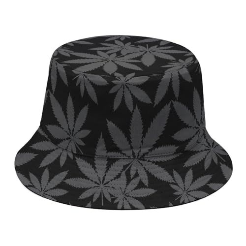 Stylish Black and Grey Pot Leaf Print Bucket Hat - Unisex Fashion Accessory for Casual Wear, Weed Theme Party Outfit, Marijuana Leaf Pattern Cap