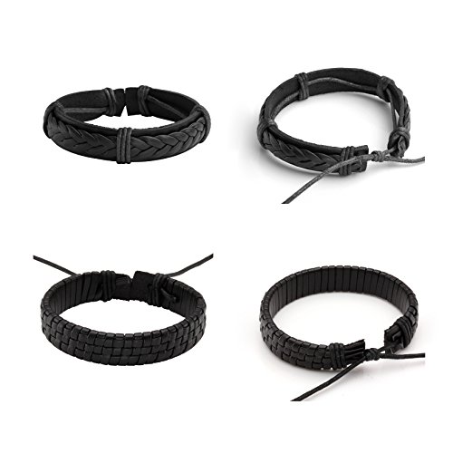 Milakoo Braided Black Leather Bracelet for Men and Women Wooden Beads Bracelet Adjustable - Thumbnail 3