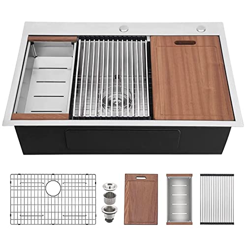 Celaeno Drop-In Kitchen Sink 33 Inch, Handmade Topmount Workstation Kitchen Sink 18 Gauge With Ledge, Single Bowl Stainless Steel Kitchen Sink With Soap Dispenser Hole #TOP1