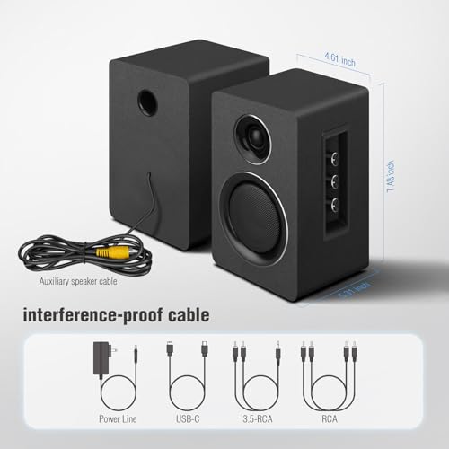 Computer Speakers for Desktop PC, Active Bookshelf Speaker with 3" Carbon Fiber Woofer and Silk Film Tweeter, Supports Bluetooth 5.3, USB-C, AUX/RCA Input for Record Player TV - Black Stereo Set
