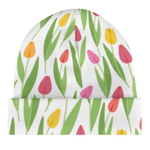 Cute Stylish Tulips Pattern Kids Beanie Hat for for Girls Boys Children Cap Winter Knitted Chemo Cancer Headwear Accessories Gifts Decoration Black4
