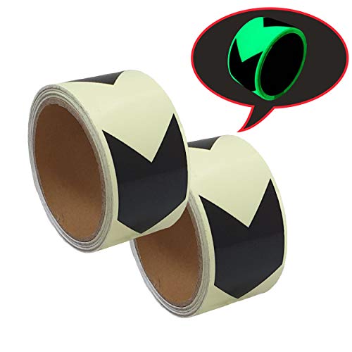 Macro Giant Luminous Directional Marking Tape, Straight Ahead Mark, Set of 2, 5cm Wide, 5m Long, Adhesive, Glow in The Dark, Warning Emergency Tape