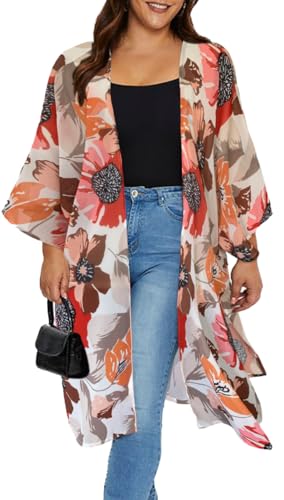 florynova Kimono for Women Summer Cardigans Open Front Swimsuit Cover Up Hawaiian Beach Shirts(Apricot,L)