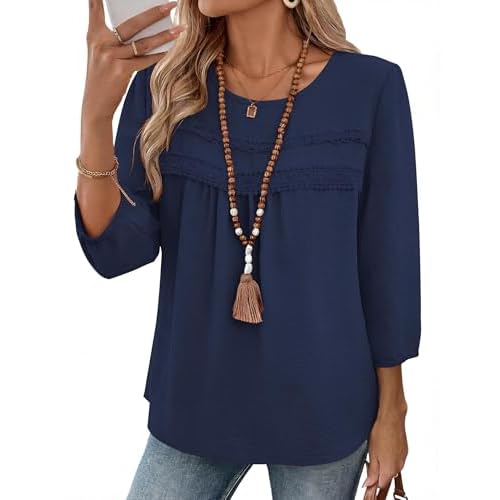 Ivicoer 3/4 Length Sleeve Womens Tops Crewneck Dressy Casual Chiffon Blouses Flowy Lace Boho Clothing Trendy 2026
