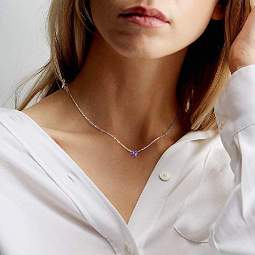 Chicsilver Amethyst Crystal Necklace For Women Teen, Small Birthstone Necklace Dainty 925 Sterling Silver Choker Necklace 16'' #TOP1