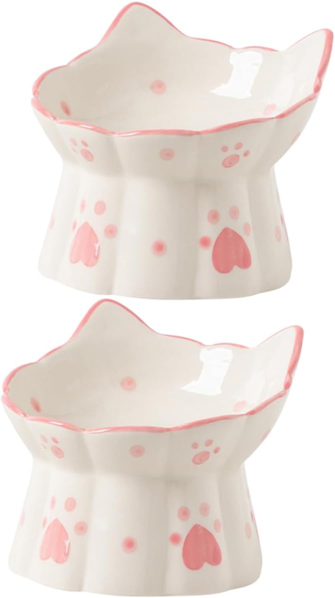 VICASKY 2pcs Elevated Cat Food Bowl Neck Guard Pet Bowl Ceramic Raised Pet Feeder Cat Ear Design