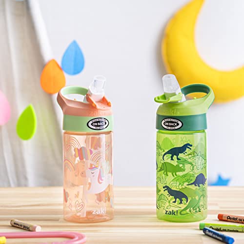 Image of Zak Designs 16oz Riverside Kids Water Bottle with Spout Cover and Built-in Carrying Loop, Made of Durable Plastic, Leak-Proof Water Bottle Design for Travel (Unicorn & Dino Camo, Pack of 2)
