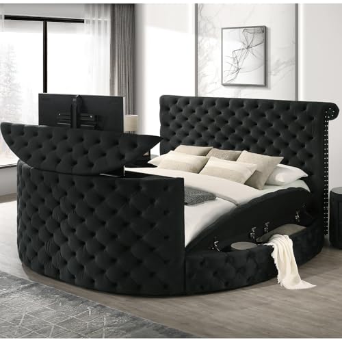 Dapedomal Bed Frame with Fireplace and TV Lift - Circle Bed Frame with Button Tufted