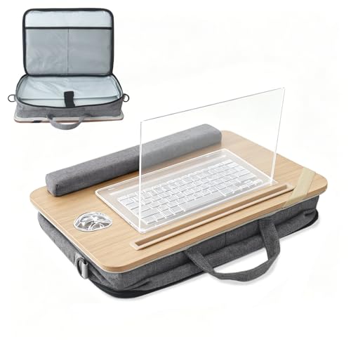 AMFIYQ Portable Lap Desk for Bed with Bag, 14'-17' Laptop Pad Tray with Cushion,Slot for Tablet Phone,Adjustable Shoulder & Hand Strap for Travel,Laptop Holder for Adult Home Car Couch(Light Brown)