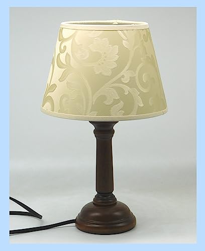 Paolo Rossi Lampada lumetto abat Jour da Comodino in Legno tornito - Produzione Propria - Made in Italy (con Paralume Damascato Avorio)