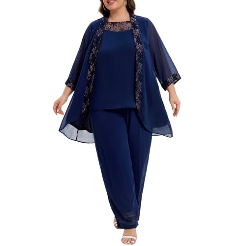 Women's Plus Size Mother of Bride Pant Suits 3 Piece Chiffon Party Sets Lace Splicing Design Evening Gowns2