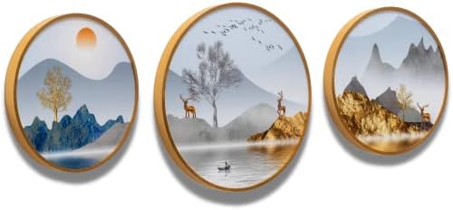 BDECORU Wall Painting for Living Room - Set of 3, Medium & Large Framed Wall Art - Decorative Paintings with Crystal Porcelain Panel, Boho Wall Art for Office, Home, Dining Room (Gold)