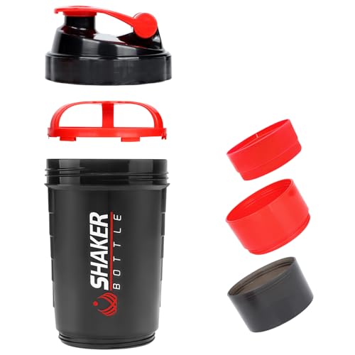 VIGIND Protein Shaker 500ml, Eiweiß Shaker mit Kugel, Auslaufsichere Sport Shake Flasche für Gym, Proteinpulver Shaker Becher mit Lagerung, inkl. Drahtgitter für klumpenfreie Proteinshake(Rot)