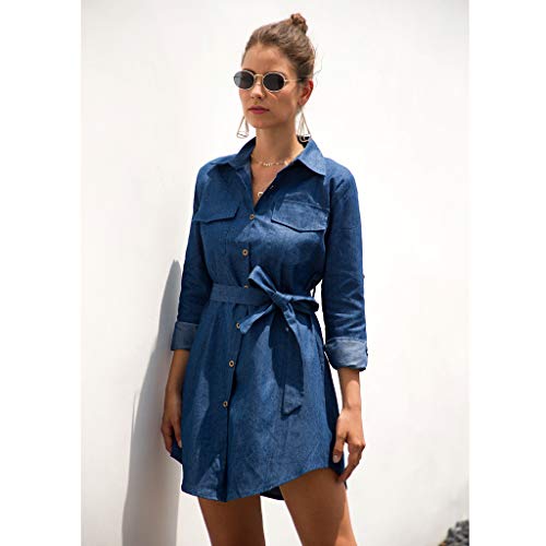 BXzhiri_Women Blue Jeans Denim T-Shirt V-Neck Long Sleeve Casual Loose Shirt Mini Dress