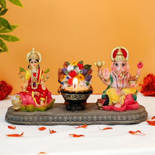 Estatua Lakshmi Ganesha con Diya 4.1" Polystone