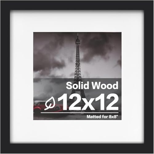 Egofine 12x12 Picture Frame, Made of Solid Wood with Plexiglass, for Tabletop and Wall Hanging Display Picture 8x8 with Mat or 12x12 Without Mat, Black