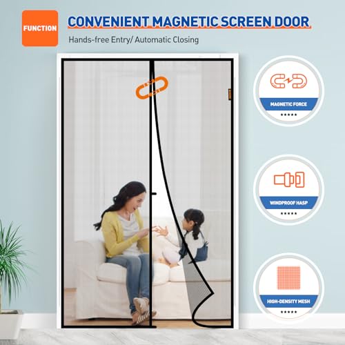 Image of MAGZO Magnetic Screen Door Fit Door Size 42 x 83 Inch, Screen Size 44 inch x 84 inch Strong Magnet French Door Screen, Heavy Duty Fiberglass Door Mesh with Hook & Loop for Sliding Door, Gray