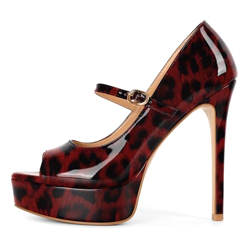Image of SAMMITOP Women's Peep Toe High Heels Platform Stiletto Pumps Patent Mary Jane Heels 5.5 inch Party Wedding Dress Shoes
