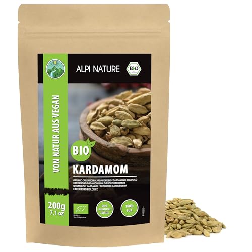 Alpi Nature Cardamome BIO Gousses Entières 200g, Gousses de Cardamome Verte Entières avec Graines pour la Cuisine