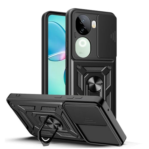 Image of SPAZY CASE vivo V50 5G Back Cover | Heavy Duty Hybrid Case with 360 Degree Rotating Finger Ring Holder + Slider Shutter Camera Protection Case for vivo V50 5G - Black