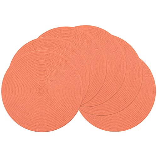 Image of SHACOS Round Braided Placemats Set of 6 Washable Cotton Polyester Round Placemats for Kitchen Table 15 inch Round Table Mats (Coral, 6)
