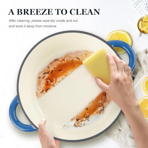 Image of Overmont Enameled Cast Iron Dutch Oven - 7QT Pot with Lid Cookbook & Cotton Potholders - Heavy-Duty Cookware for Braising, Stews, Roasting, Sourdough Baking blue
