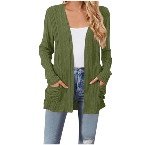 AnnSemo Cárdigan para mujer, casual, suave, acogedor, de manga larga, acanalado, con bolsillos, a rayas, parte delantera abierta, suéter de punto, elegante, para noche, boda, 01 Verde Ejército, S