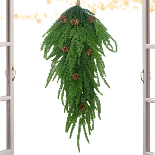 Svagone artificiale in pino – vagone artificiale a goccia verde natale, vagone di Natale verde, in pino con pigne di pino, decorazione per porta di casa da 26 pollici