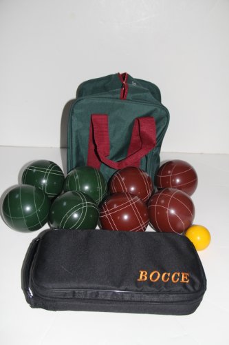 BuyBocceBalls Listing - Made in USA, Premium Quality Official Tournament Bocce Set, Regulation Size 920 Grams (2 lbs. 1 oz.). 107mm Dark Red and Dark Green Balls, Nylon Bag; and 73mm Petanque Set