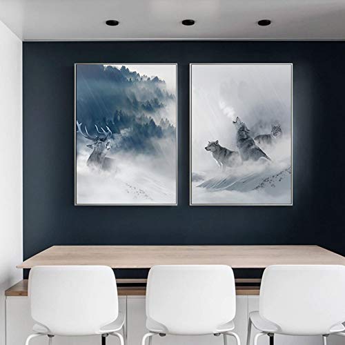 Toile loup et wapiti 60x80cm de décoration murale pour salon moderne